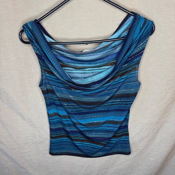 Tops - Y2K Blue Striped CowlNeck Sleeveless Going Out Top Off The Shoulder Party Tank
